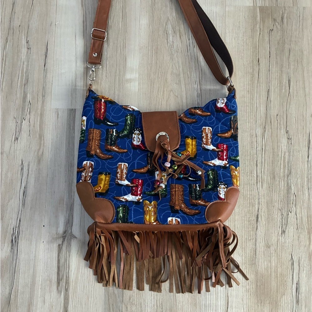 HANDMADE Western Cowboy Boots Brown and Blue Fringe Women Bag